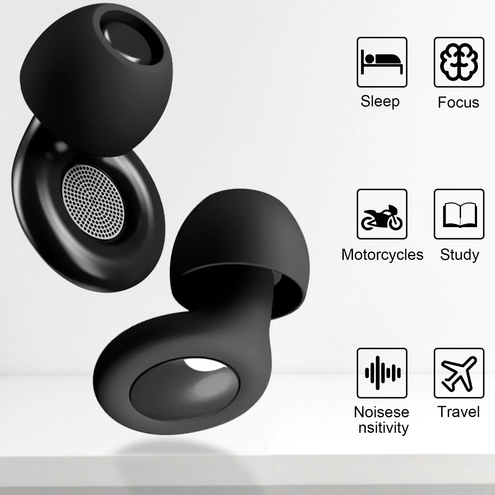Ear Plugs for Noise Reduction, Reusable Hearing Protection in Flexible Silicone for Sleep, Black