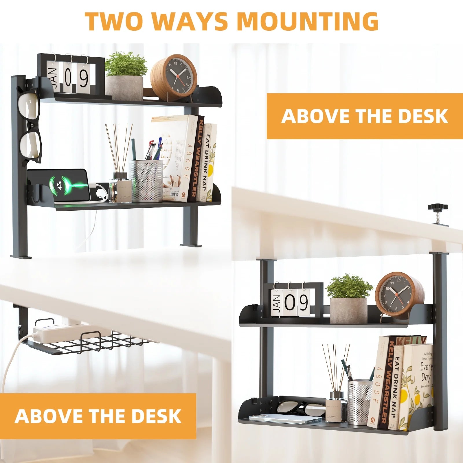 3-Tier Clamp-On Desk Shelving Unit with Under-Desk Cable Management Tray for Table Accessories, Gaming Devices, and More, Storage Tray, Desktop Organizer, Black