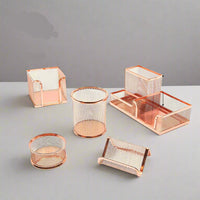 Rose Gold Desk Organizer Set for Home Office Supplies and Accessories, Includes Mesh Wire Pen, Pencil, Business Card, Note, and Paper Clip Holders
