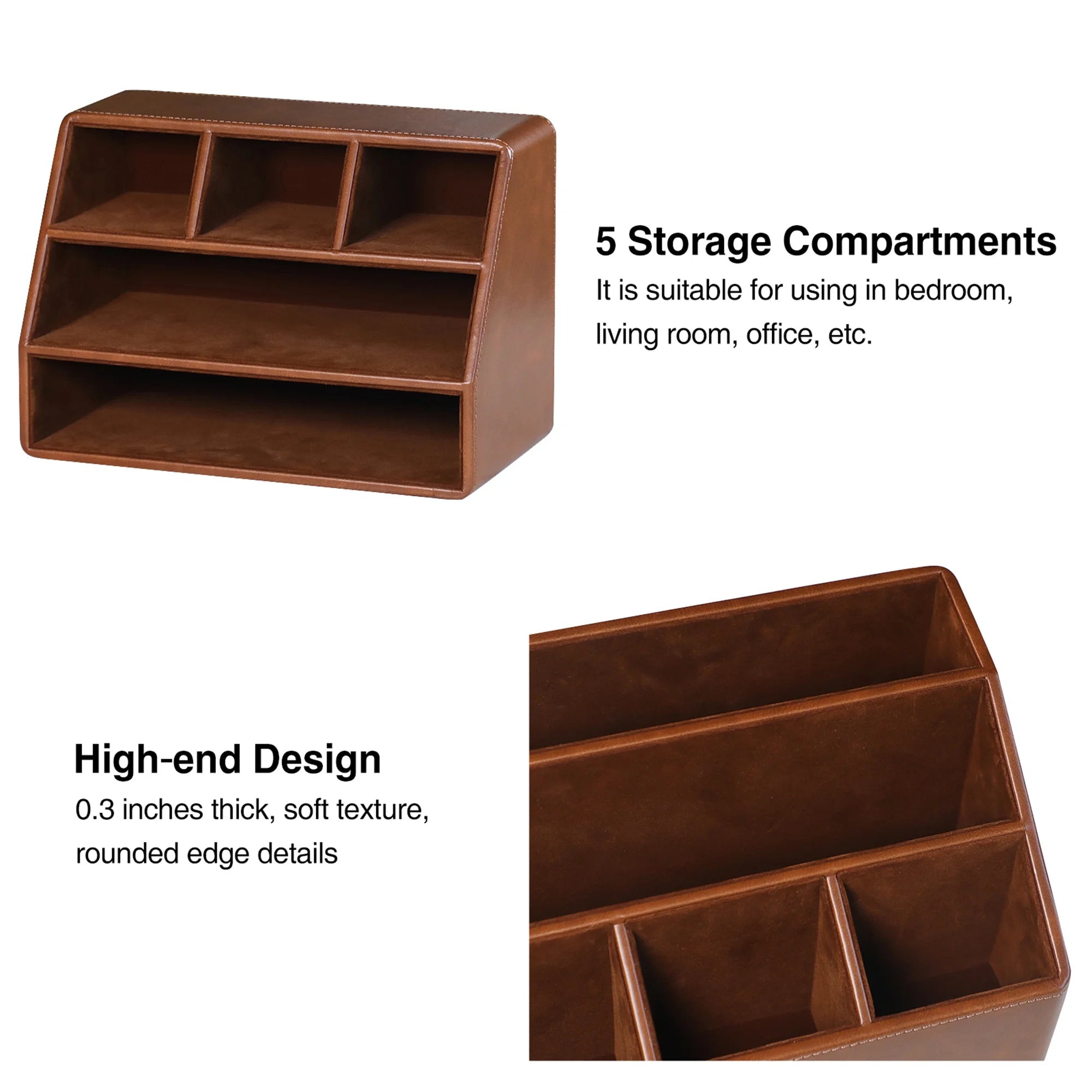 PU Leather Desk Organizer, Luxury Remote Control Holder for Home, Office Desk Accessories Table Caddy Bedside Nightstand Organizer (Brown)