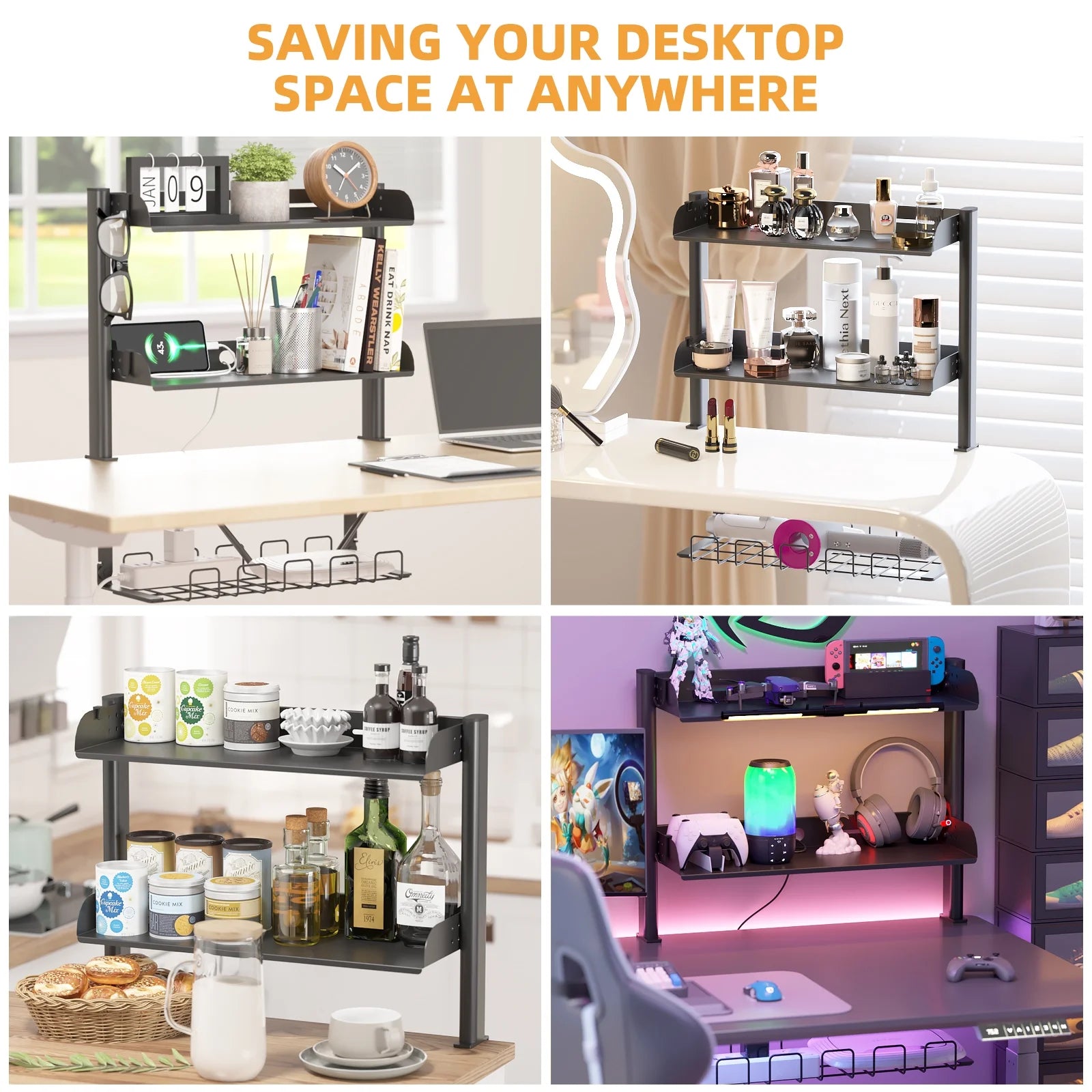 3-Tier Clamp-On Desk Shelving Unit with Under-Desk Cable Management Tray for Table Accessories, Gaming Devices, and More, Storage Tray, Desktop Organizer, Black