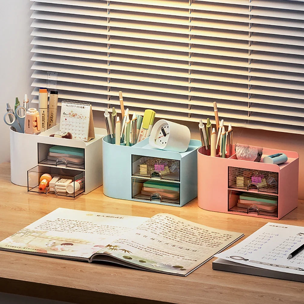 Office Desk Organizer with Drawer, Office Supplies and Desk Accessories,Pen Storage Box (White)