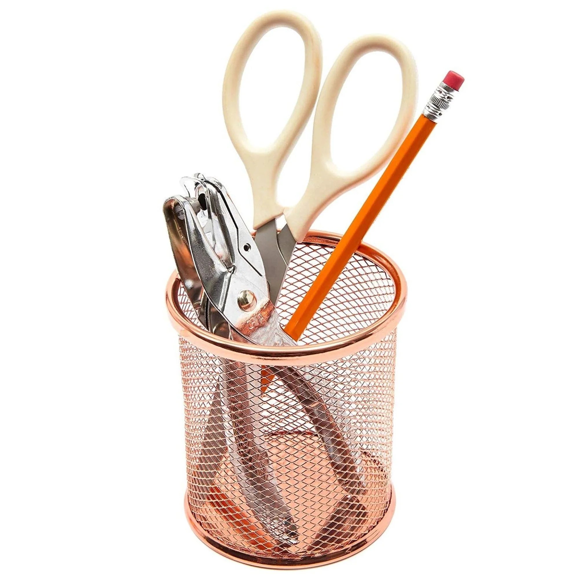 Rose Gold Desk Organizer Set for Home Office Supplies and Accessories, Includes Mesh Wire Pen, Pencil, Business Card, Note, and Paper Clip Holders
