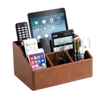 PU Leather Desk Organizer, Luxury Remote Control Holder for Home, Office Desk Accessories Table Caddy Bedside Nightstand Organizer (Brown)