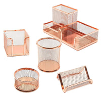 Rose Gold Desk Organizer Set for Home Office Supplies and Accessories, Includes Mesh Wire Pen, Pencil, Business Card, Note, and Paper Clip Holders