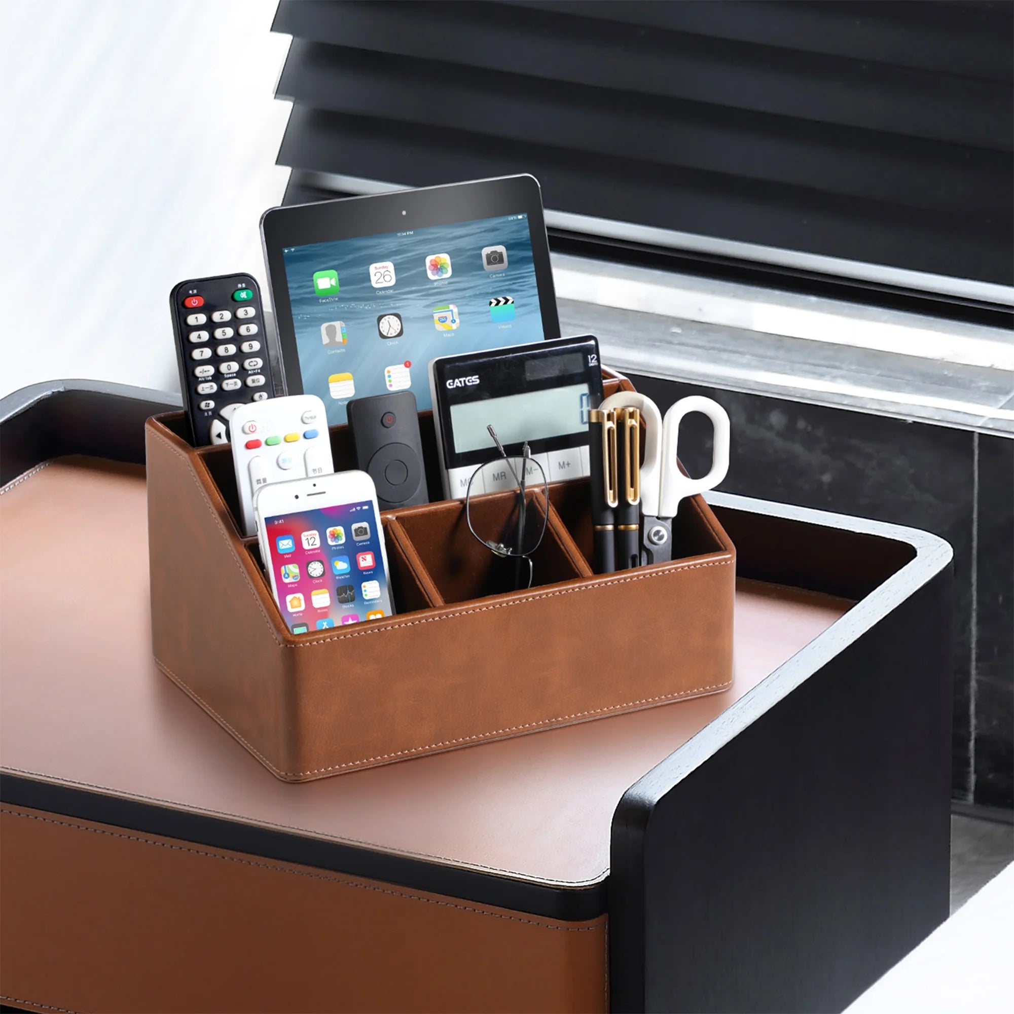 PU Leather Desk Organizer, Luxury Remote Control Holder for Home, Office Desk Accessories Table Caddy Bedside Nightstand Organizer (Brown)