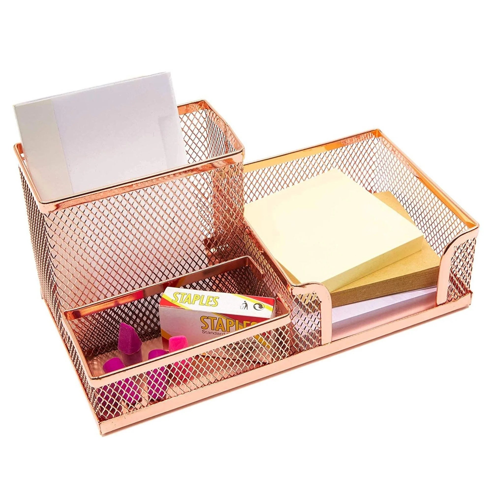 Rose Gold Desk Organizer Set for Home Office Supplies and Accessories, Includes Mesh Wire Pen, Pencil, Business Card, Note, and Paper Clip Holders