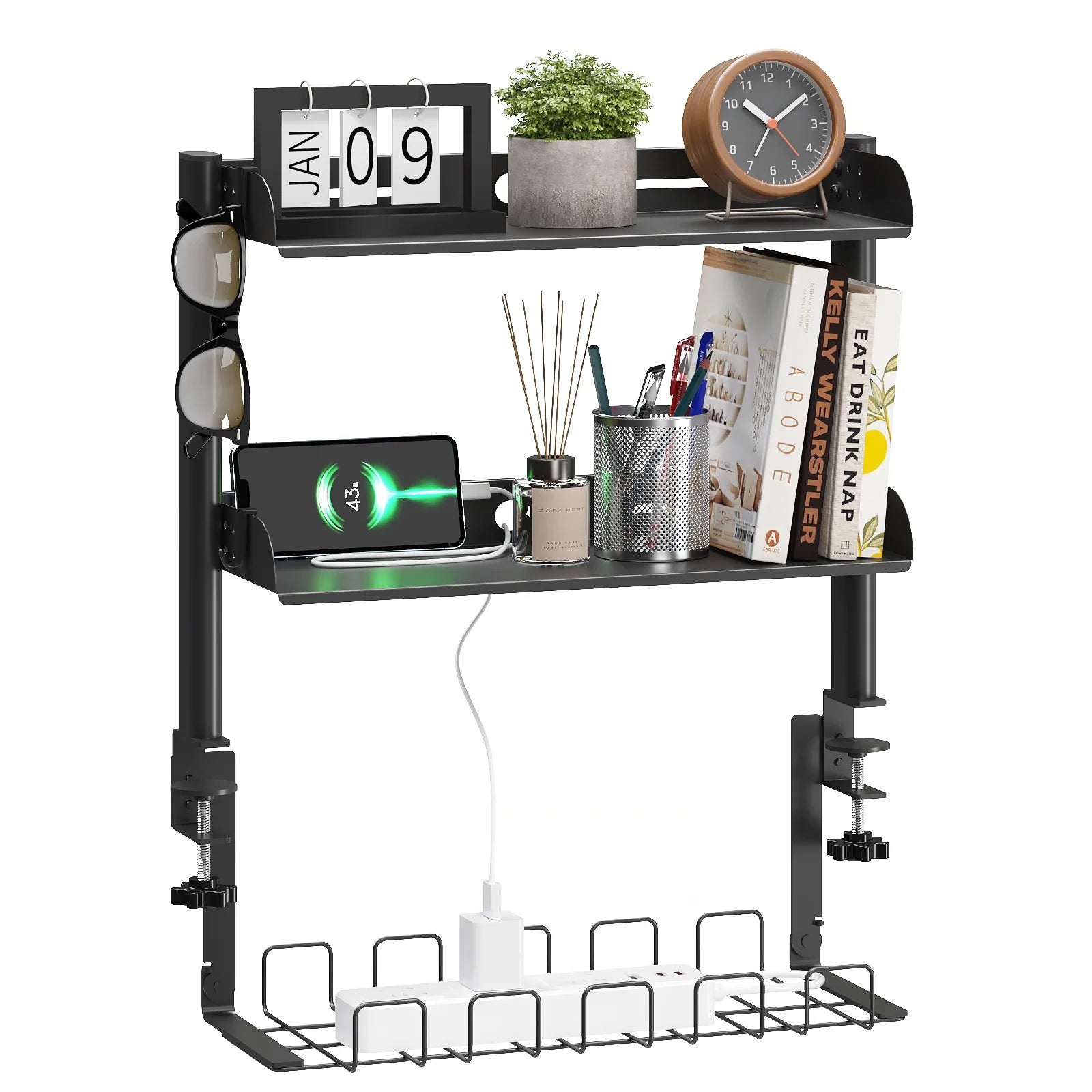 3-Tier Clamp-On Desk Shelving Unit with Under-Desk Cable Management