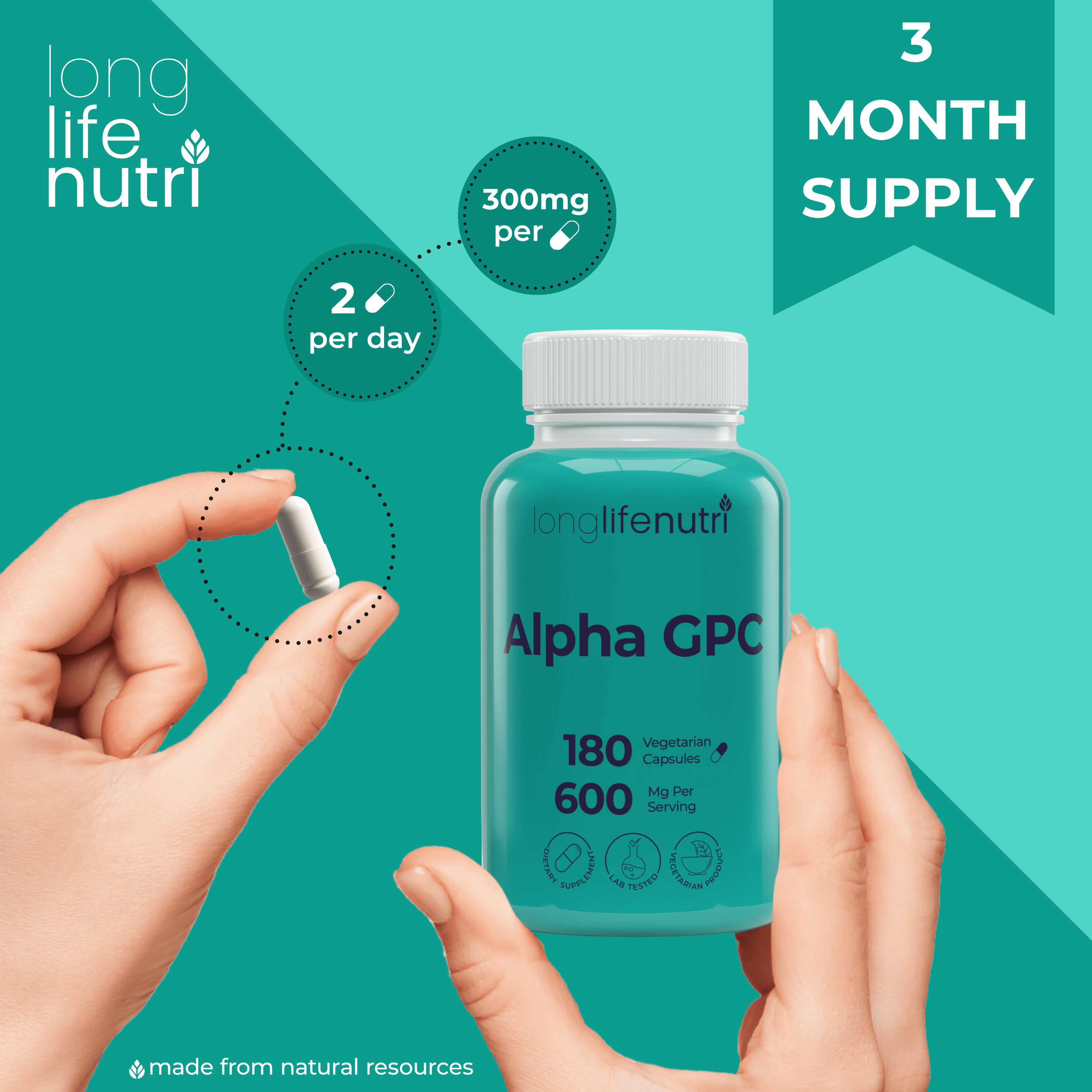 Alpha GPC Choline 300 Mg - 120 Vegetarian Capsules, Supplement for Focus & Productivity