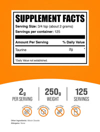 Bulksupplements Taurine Powder - Gluten Free, 2G per Serving - 250 Grams (8.8 Oz) - 125 Servings