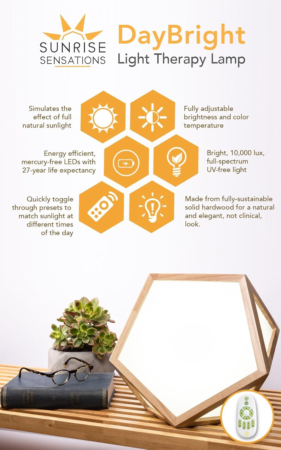 Daybright Light Therapy Lamp Full Spectrum, 10,000 LUX, Uv-Free, Full Size, Adjustable Light, Happy Light, Sun Lamp, Sunlight Lamp for Daylight Feelings - Crafted from Solid Wood