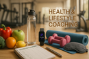 This a banner to sell my Health and Lifestyle Coaching Services. Make the setting a gym, realistic photo style image. include images of food, journals, sleep, and other "healthy" things.