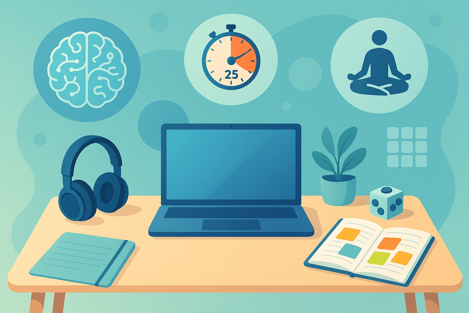 You are an expert graphic designer. We are designing an illustration for my shopify store that curates products to help promote focus, productivity especially those with ADHD. I need the illustration to fit that theme